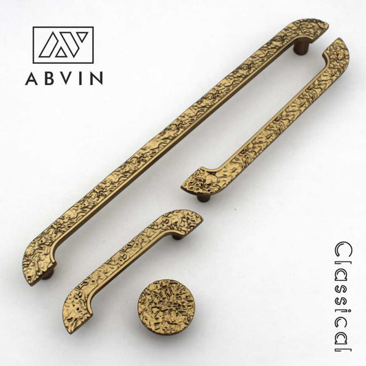 Abvin Classical Matt Gold Brass Hammered Texture Pull Handles & Knob for Wardrobes, Cabinets