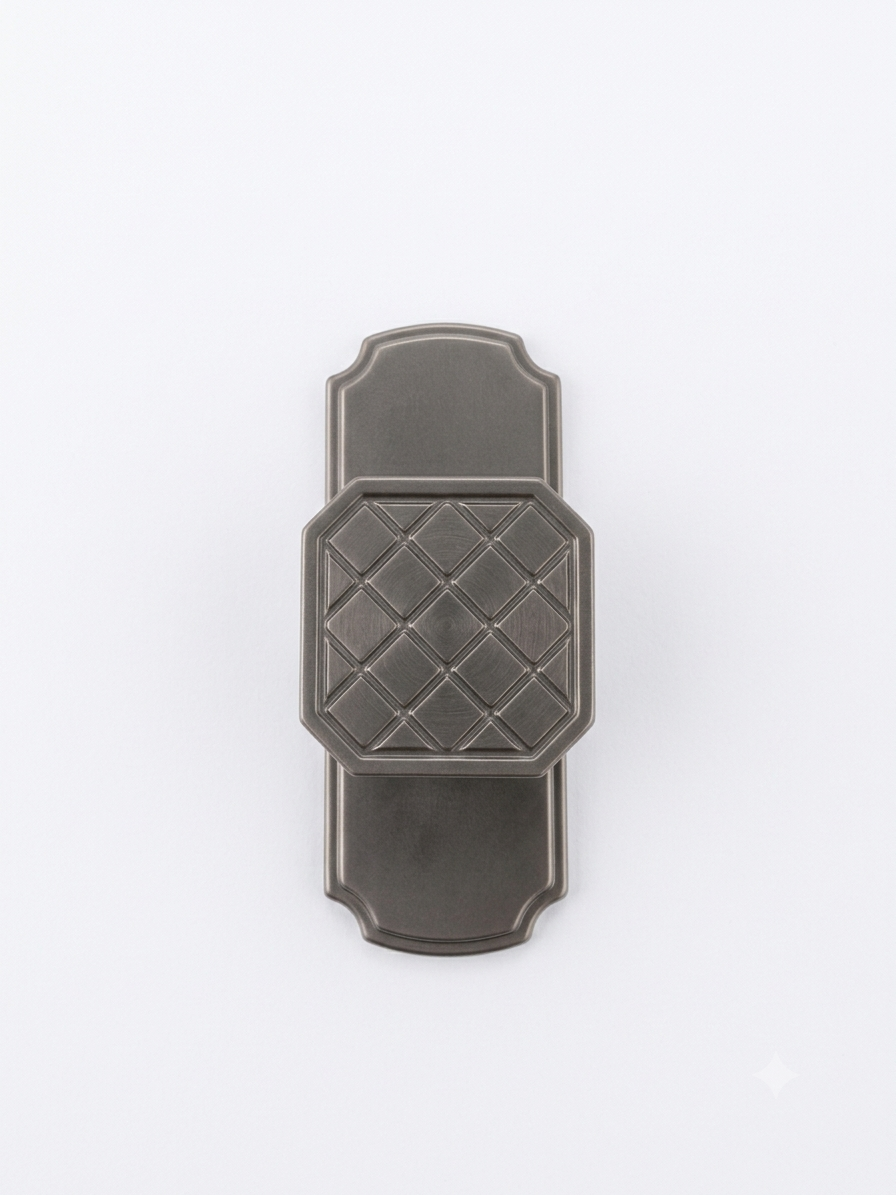 Solid Knurled Geometric Cabinet Knob with Scalloped Backplate | Grey Dresser Pull | Vintage Architectural Hardware for Kitchen & Furniture