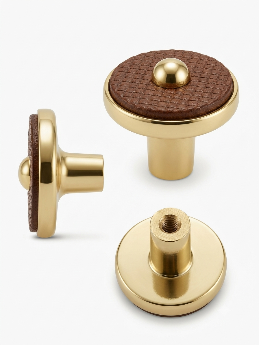 ABVIN Premium Gold Brass Cabinet Knob with Textured Brown Wood-Look Inlay