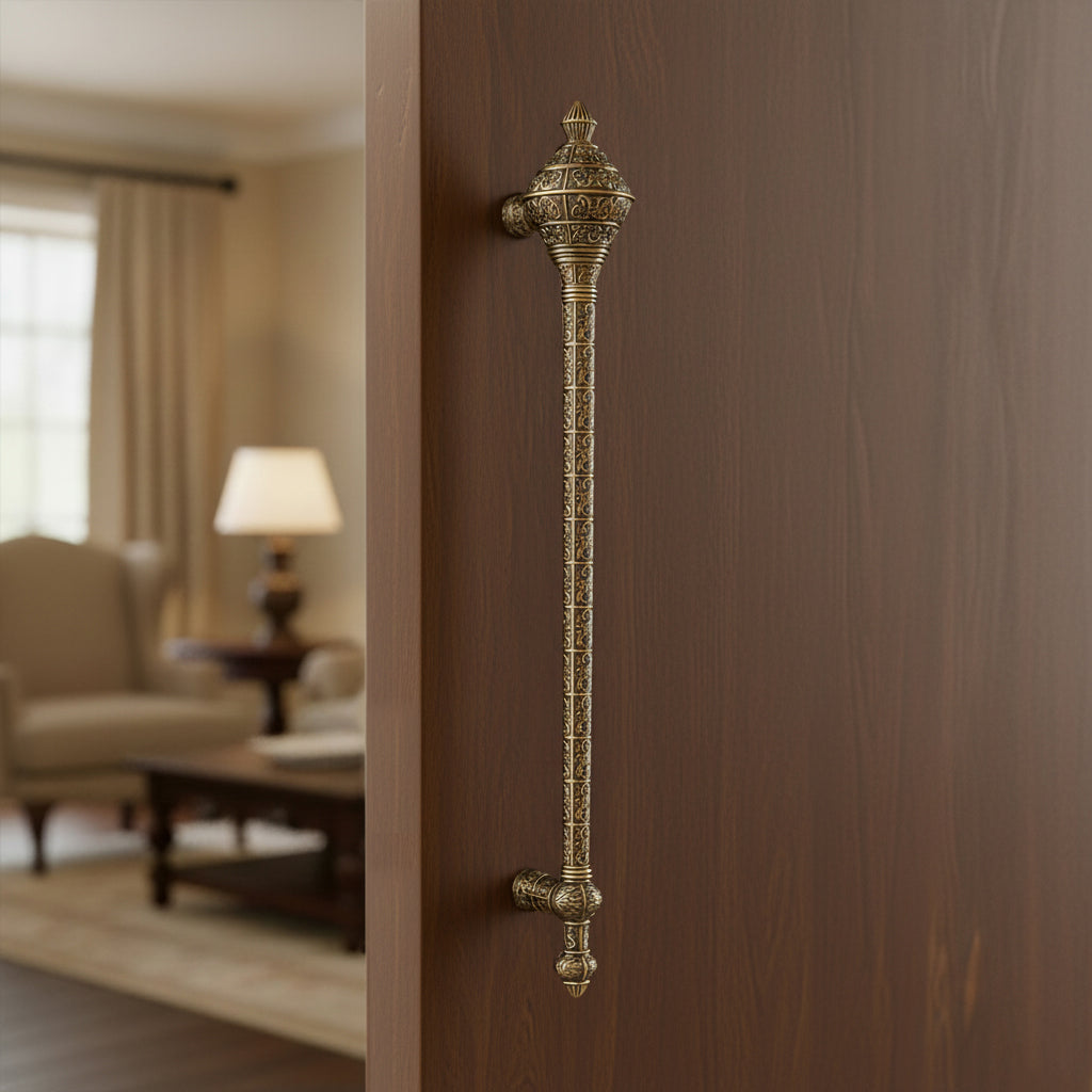 Matt Antique Brass Finish Door Handle: Ornate Entrance Hardware