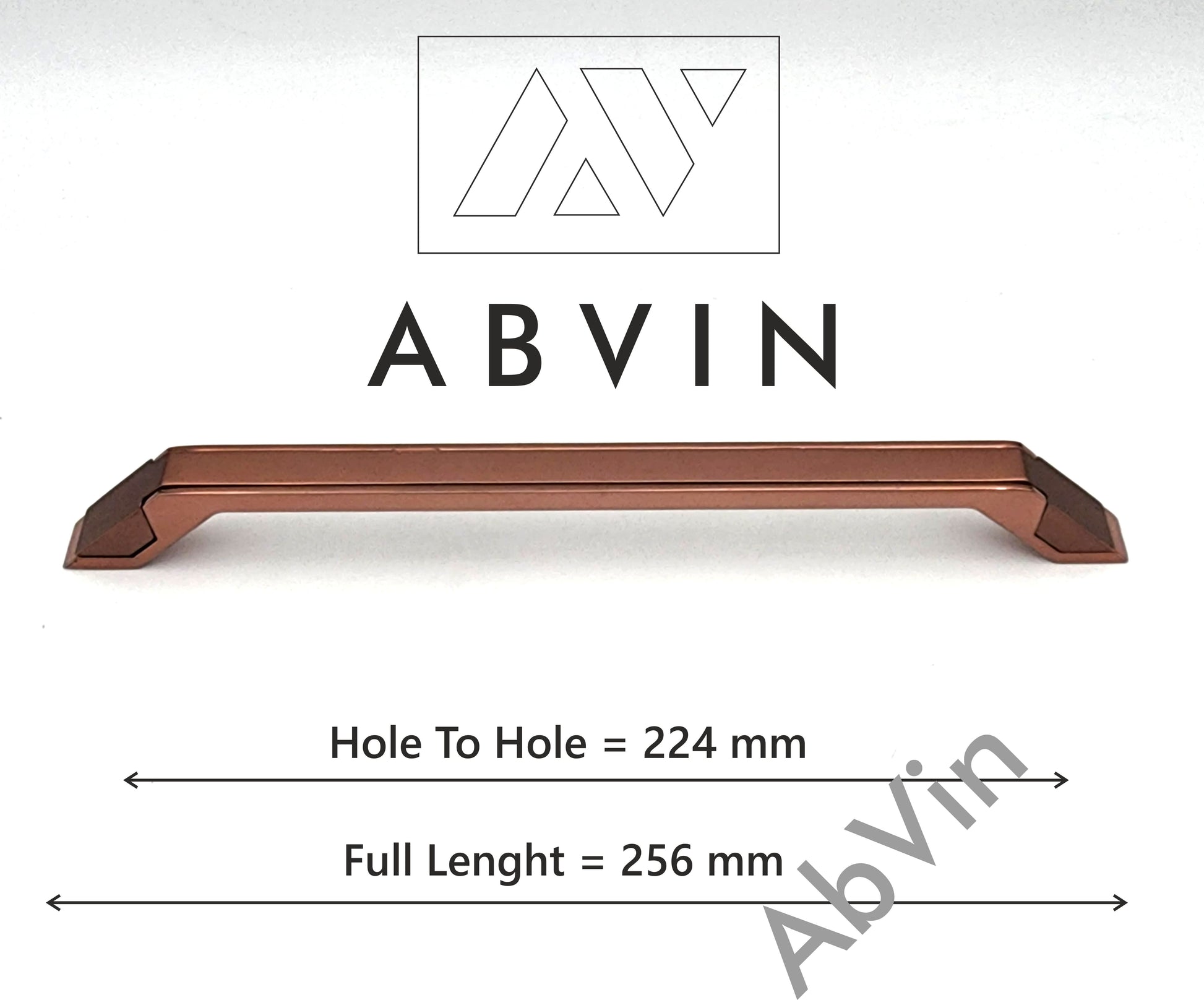 Cabinet handle with dimensions and ABVIN branding on a white background