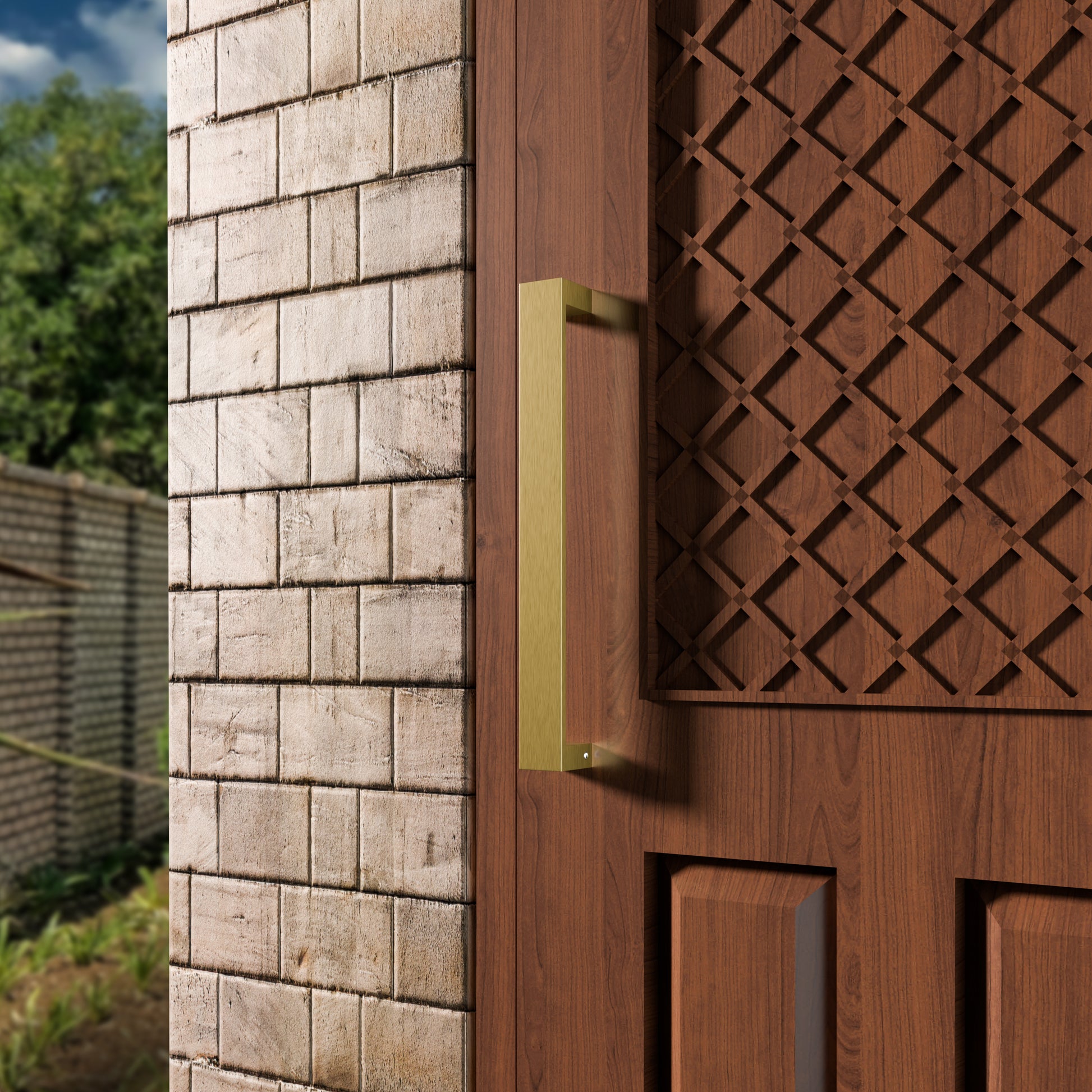 Close-up of a wooden door with a textured finish and decorative lattice design.
