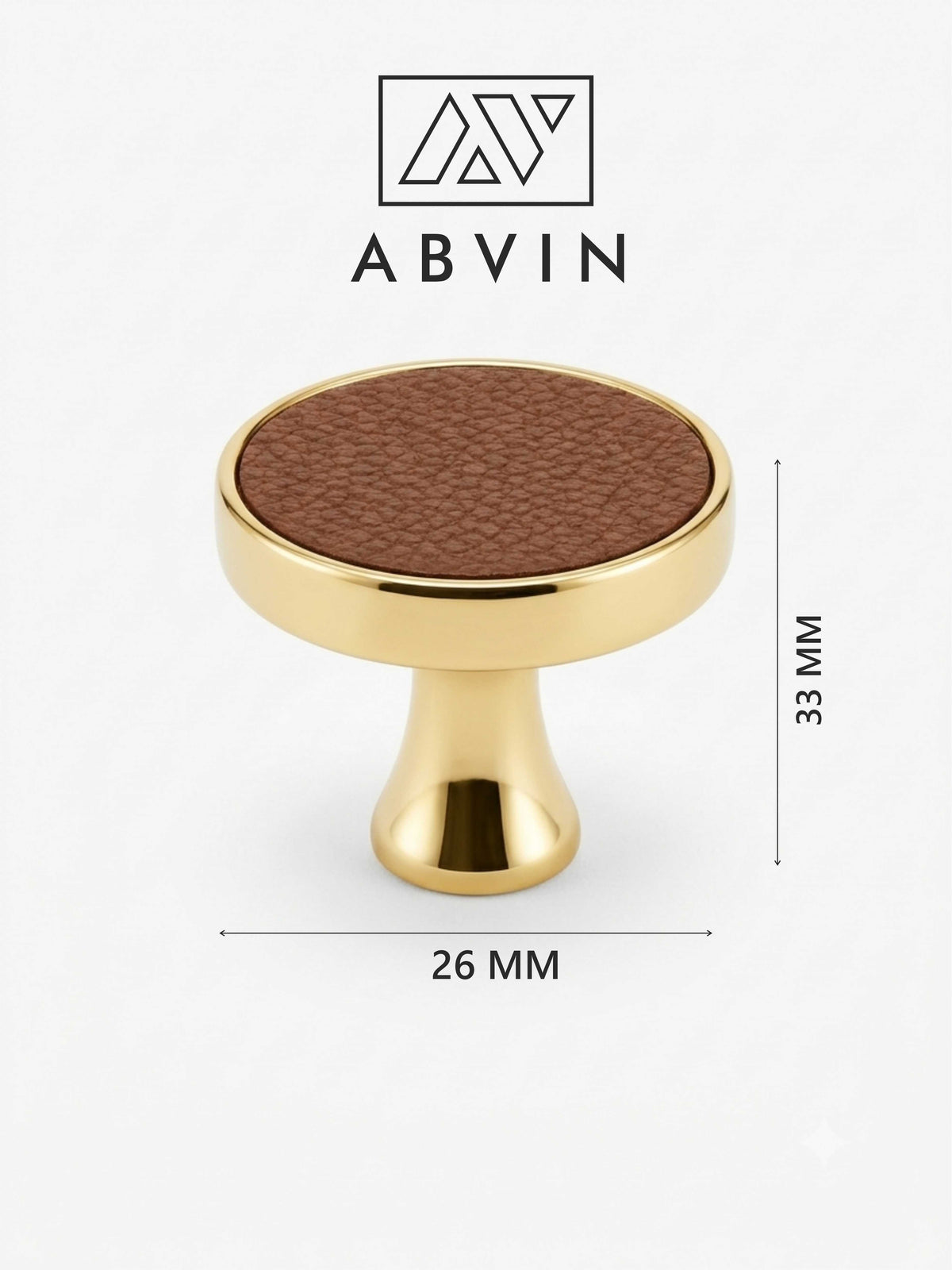 Gold Round Cabinet Knob with Brown Leather-Texture Inlay, Premium Decorative Drawer Pull Handle for Kitchen Cabinets, Wardrobes, Dressers and Furniture