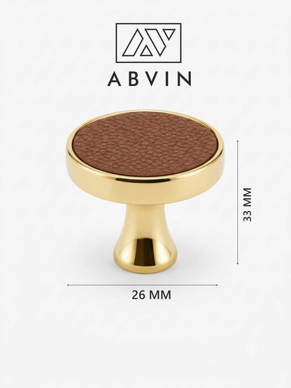 Gold Round Cabinet Knob with Brown Leather-Texture Inlay, Premium Decorative Drawer Pull Handle for Kitchen Cabinets, Wardrobes, Dressers and Furniture