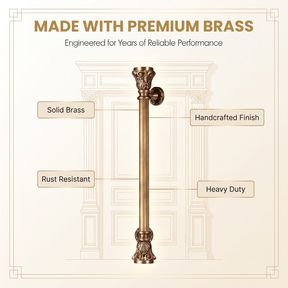 24 inch Taco Matt Antique Brass Door Handle: Ornate Entrance Hardware