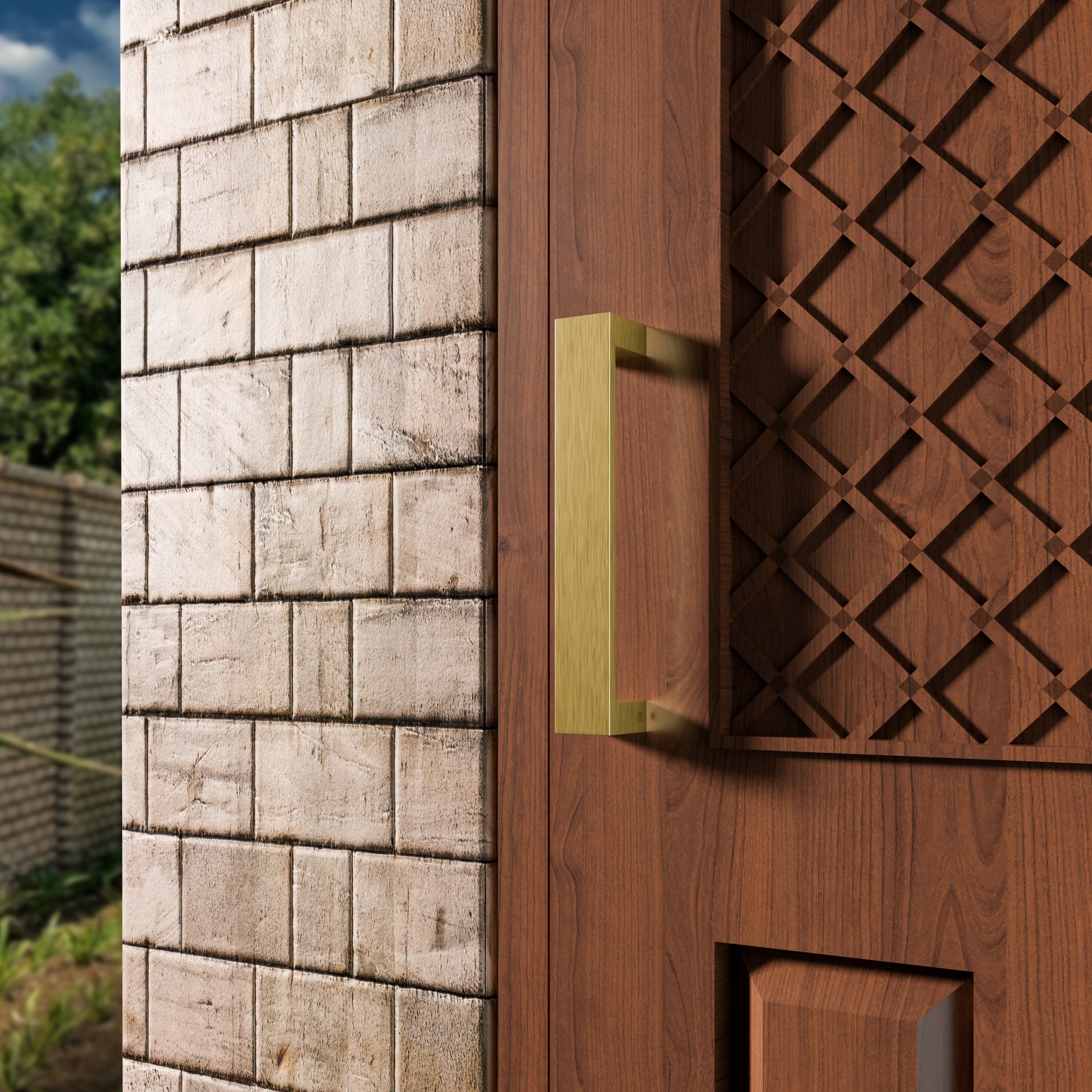 Wooden door with a gold handle on a stone wall background