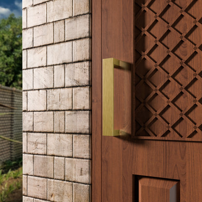 Wooden door with a gold handle on a stone wall background