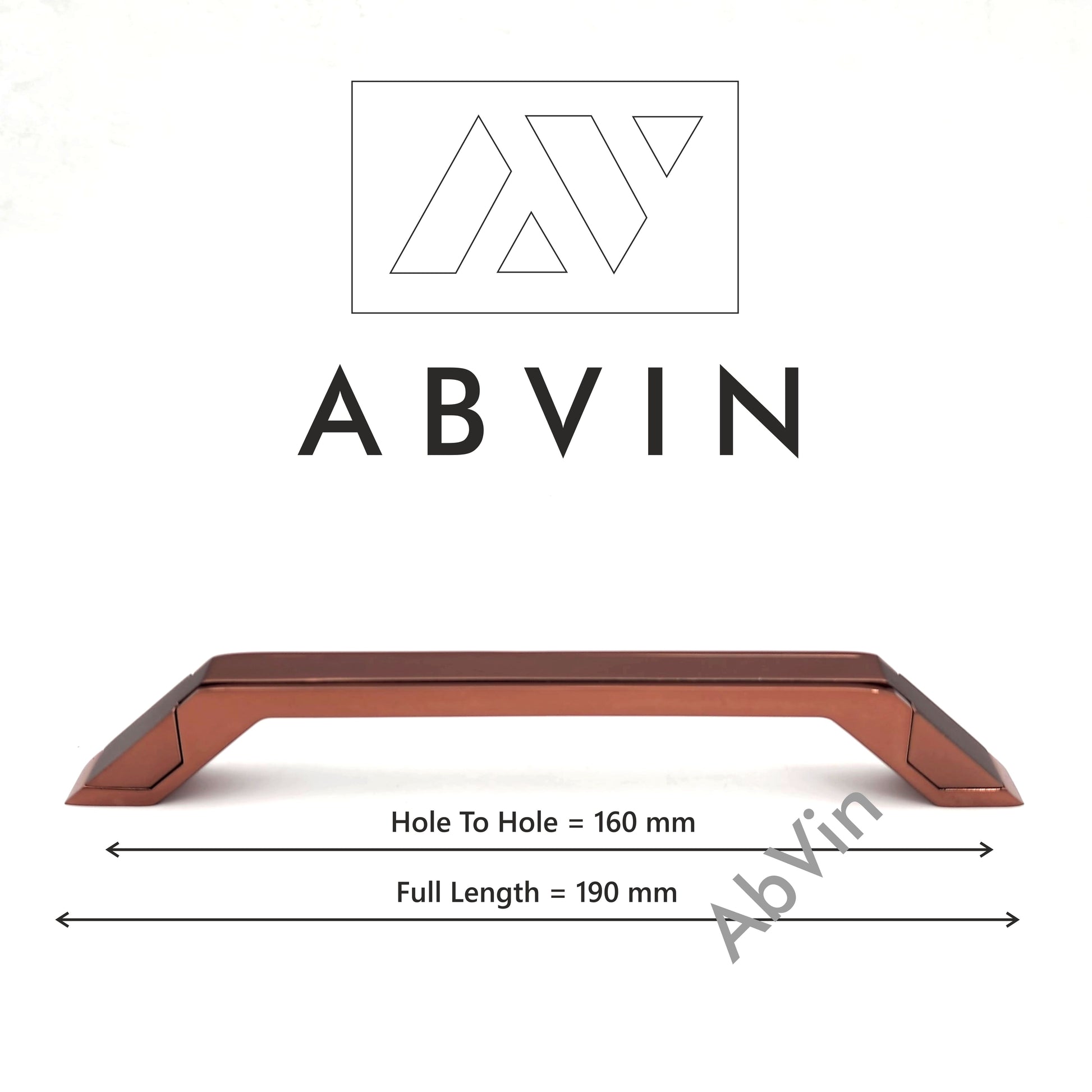 Cabinet handle with dimensions and ABVIN branding on a white background