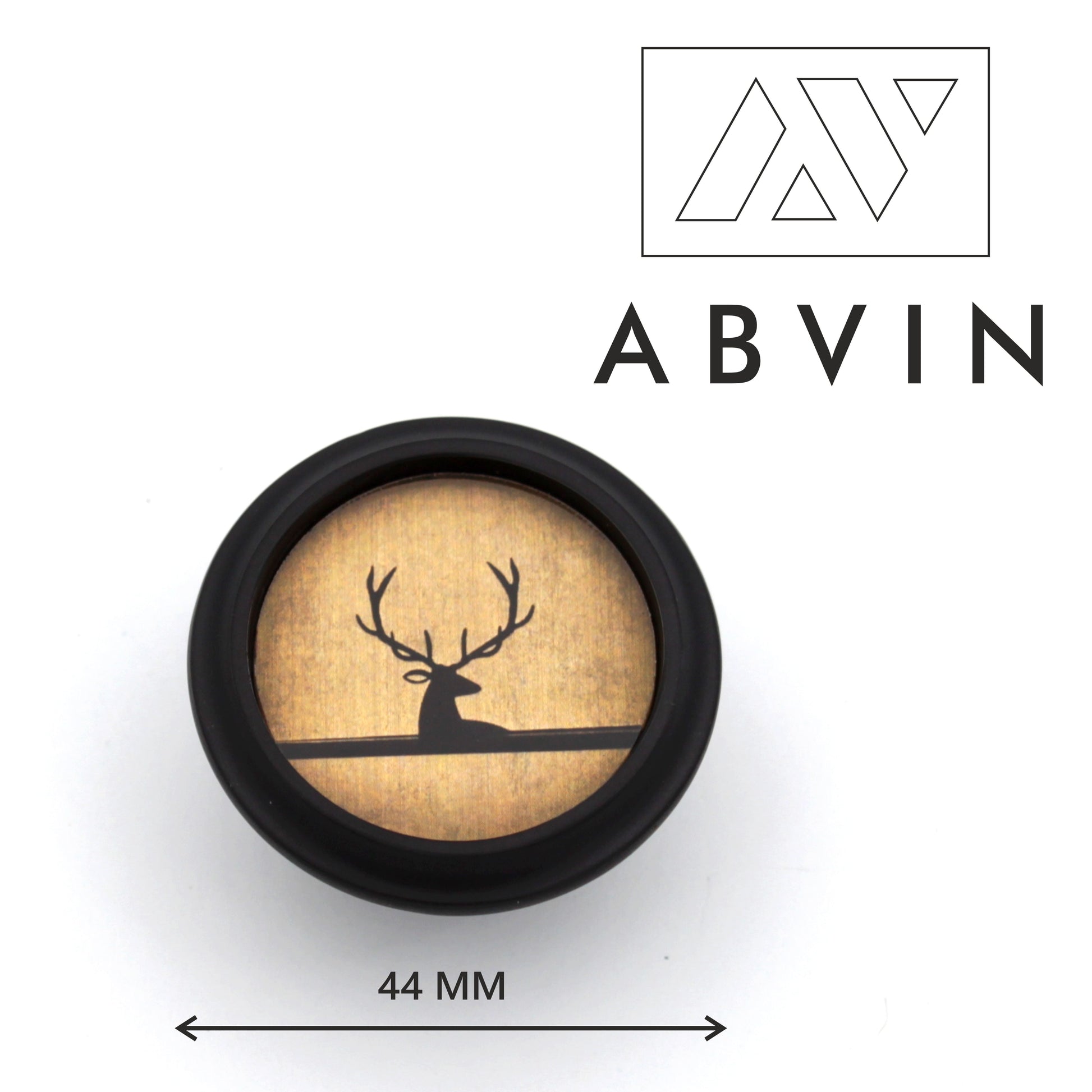 Round black object with deer silhouette and 'ABVIN' branding on a white background