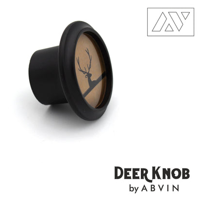 Black deer-shaped knob with a logo on a white background
