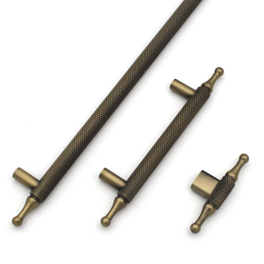 Knurled Brass Cabinet Pull Handle – Antique | Solid Bar Handle for Kitchen, Dresser, Wardrobe (1 Pc)
