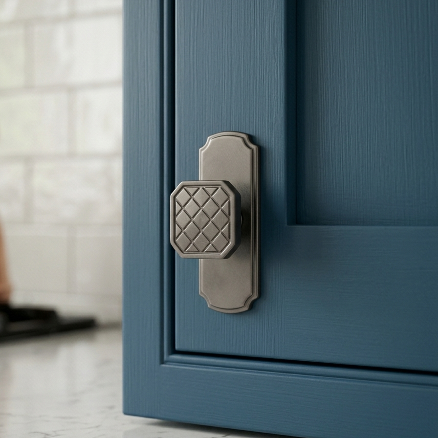 Solid Knurled Geometric Cabinet Knob with Scalloped Backplate | Grey Dresser Pull | Vintage Architectural Hardware for Kitchen & Furniture
