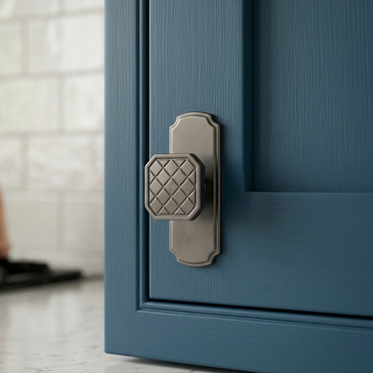 Solid Knurled Geometric Cabinet Knob with Scalloped Backplate | Grey Dresser Pull | Vintage Architectural Hardware for Kitchen & Furniture