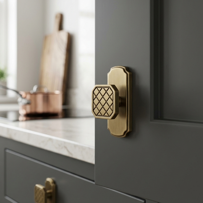 Solid Knurled Geometric Cabinet Knob with Scalloped Backplate | Antique Dresser Pull | Vintage Architectural Hardware for Kitchen & Furniture