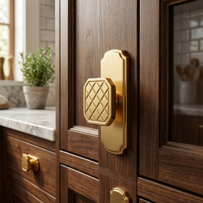 Solid Knurled Geometric Cabinet Knob with Scalloped Backplate | Matt PVD Gold Dresser Pull | Vintage Architectural Hardware for Kitchen & Furniture