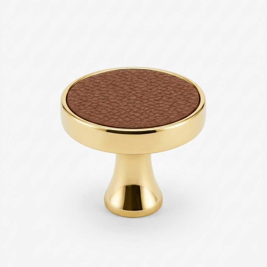 Gold Round Cabinet Knob with Brown Leather-Texture Inlay, Premium Decorative Drawer Pull Handle for Kitchen Cabinets, Wardrobes, Dressers and Furniture