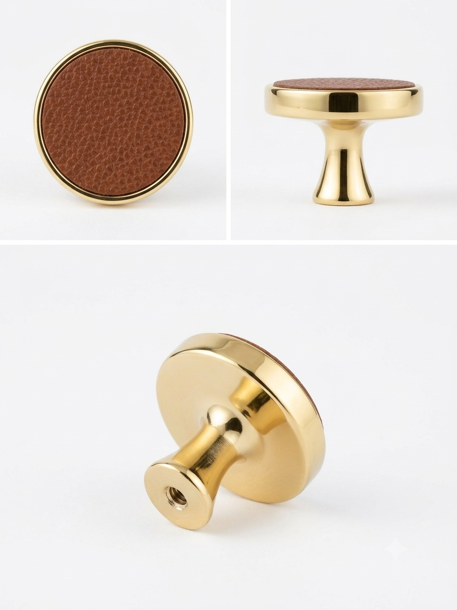 Gold Round Cabinet Knob with Brown Leather-Texture Inlay, Premium Decorative Drawer Pull Handle for Kitchen Cabinets, Wardrobes, Dressers and Furniture