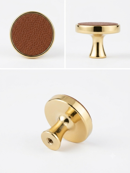 Gold Round Cabinet Knob with Brown Leather-Texture Inlay, Premium Decorative Drawer Pull Handle for Kitchen Cabinets, Wardrobes, Dressers and Furniture