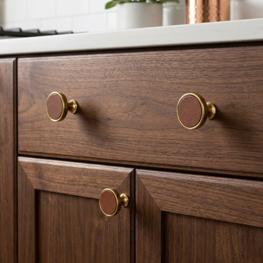Gold Round Cabinet Knob with Brown Leather-Texture Inlay, Premium Decorative Drawer Pull Handle for Kitchen Cabinets, Wardrobes, Dressers and Furniture