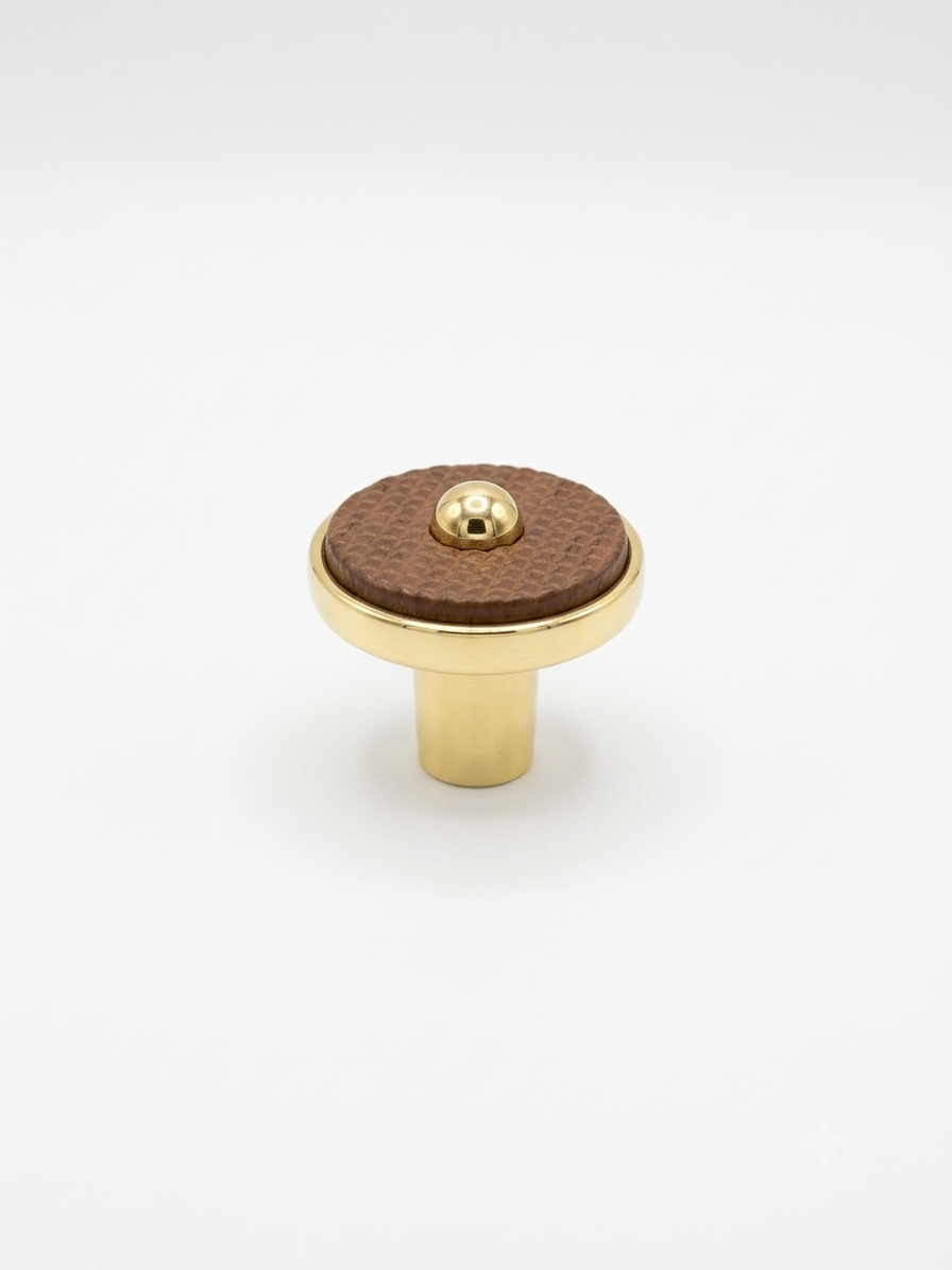 ABVIN Premium Gold Brass Cabinet Knob with Textured Brown Wood-Look Inlay
