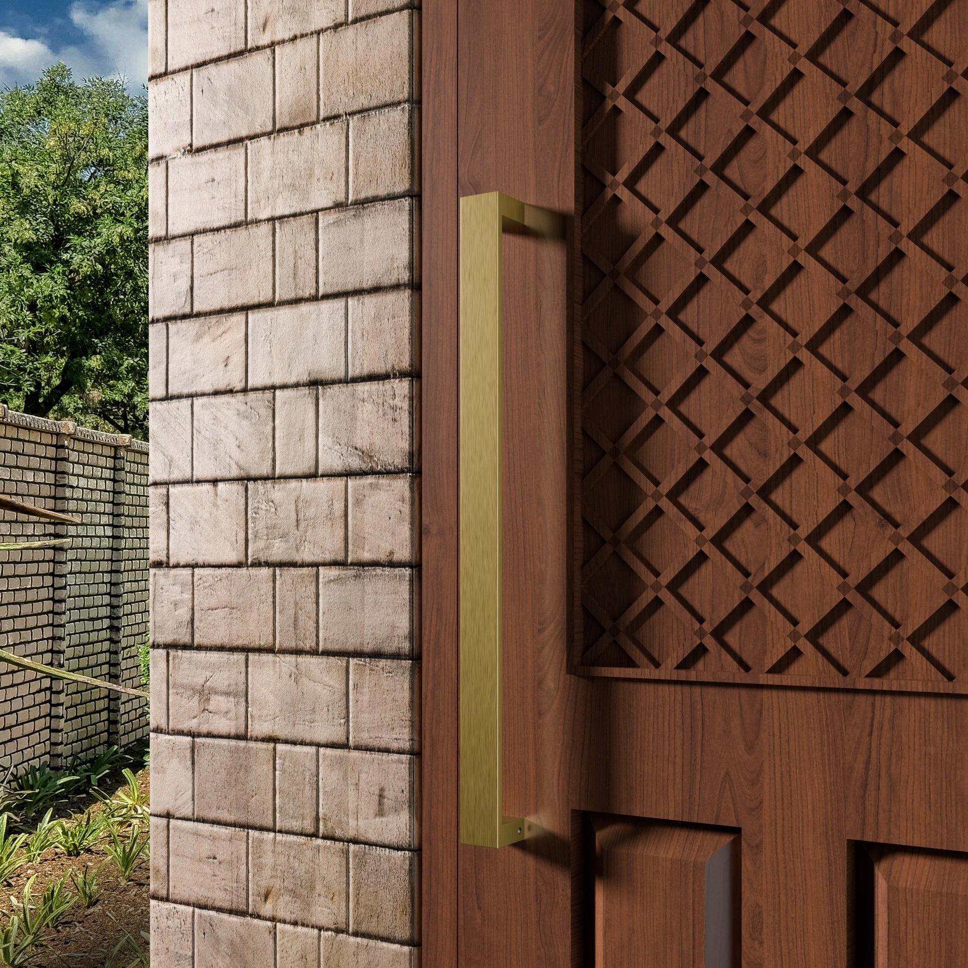 Close-up of a wooden door with decorative lattice design and stone wall.
