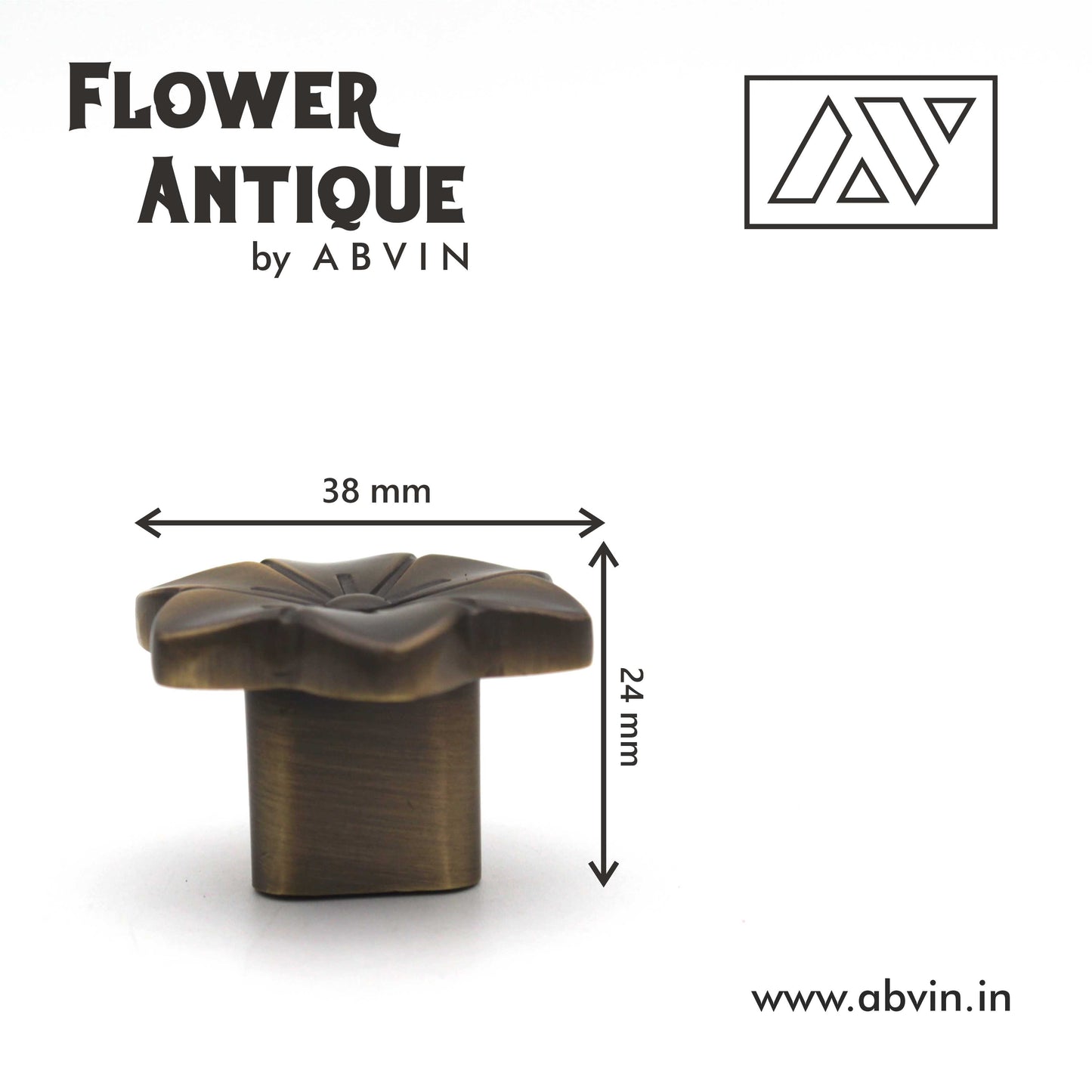 Bronze flower-shaped knob with dimensions on a white background, branded 'Flower Antique by ABVIN'.