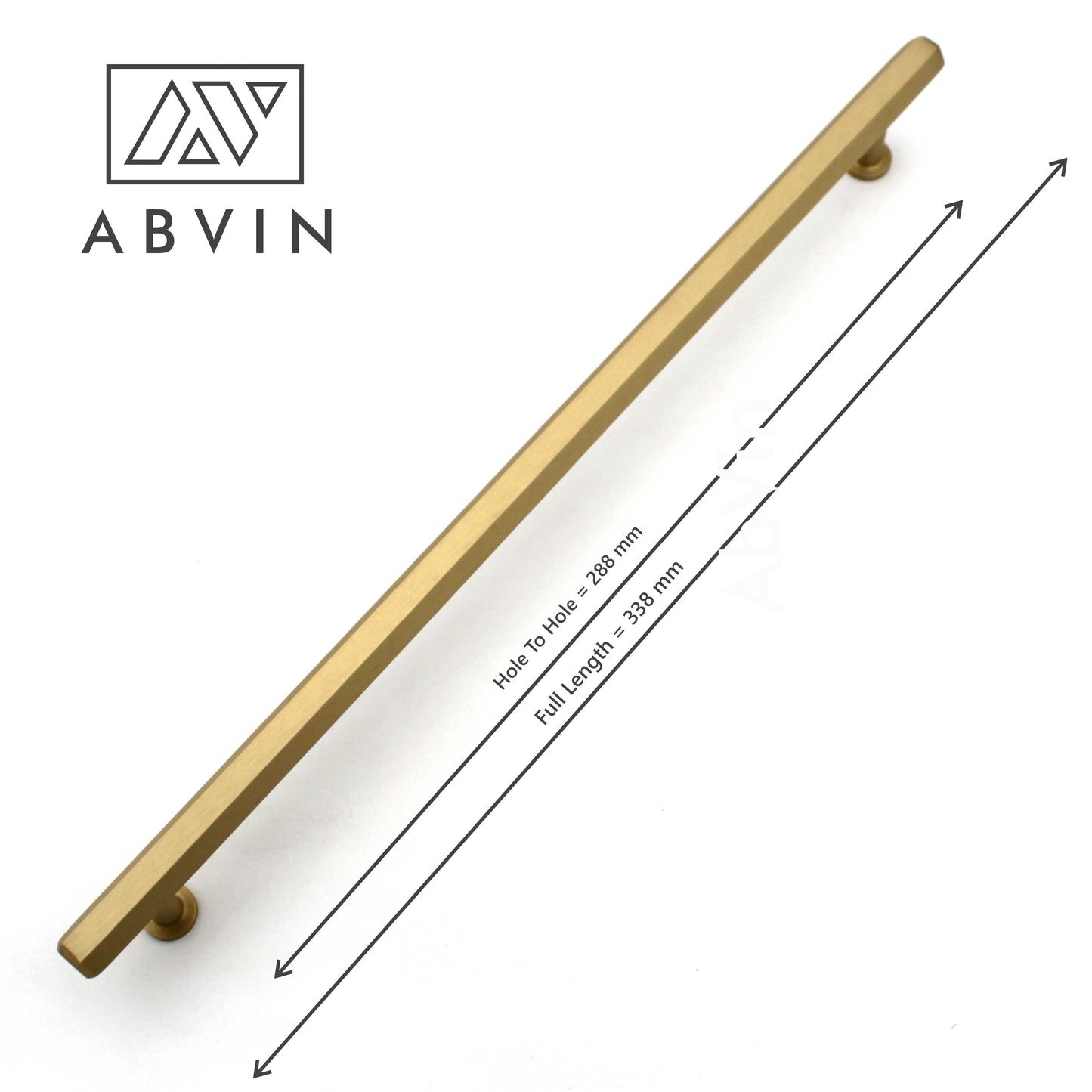 Gold cabinet handle with dimensions on a white background, featuring the ABVIN brand.