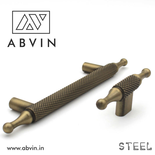 Knurled Brass Cabinet Pull Handle – Antique | Solid Bar Handle for Kitchen, Dresser, Wardrobe (1 Pc)
