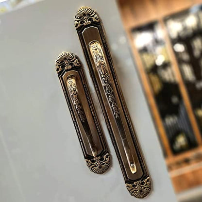 Vintage Brass Plate Door Handles with Carving